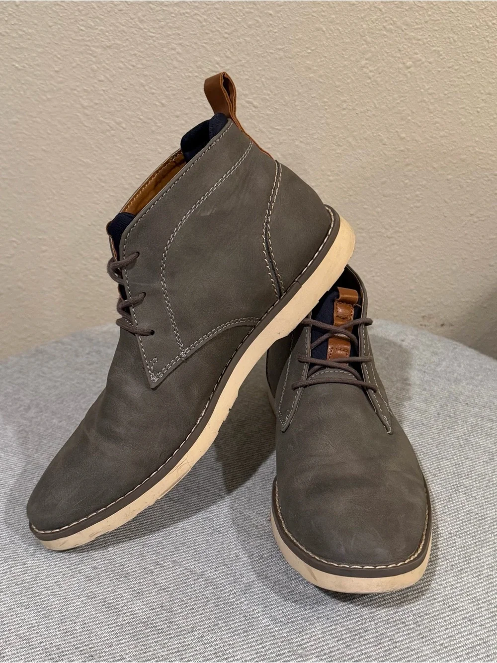 Sonoma Gray Chukka Boots with Navy and Tan Accents